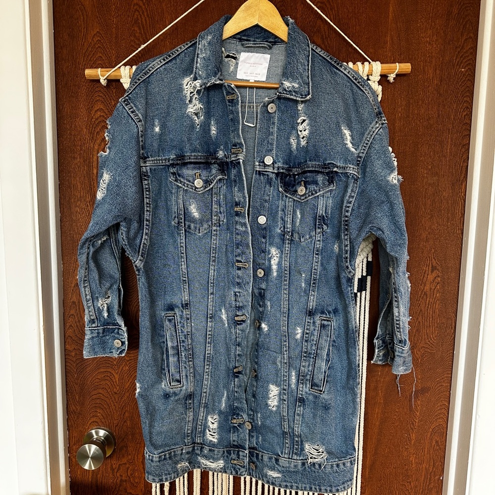 Zara Long Distressed Denim Jacket